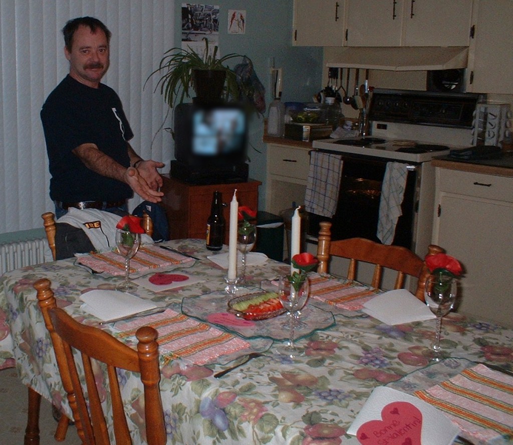 2004: My dad and I were really proud of the dinner we put together: his baked spaghetti and my table-setting.