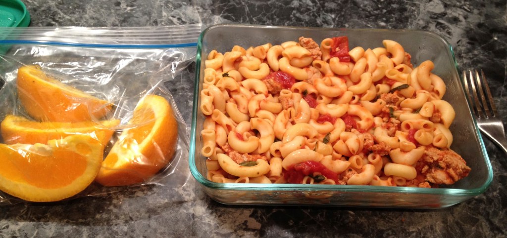 Lunch & Snack: Macaroni and a half-orange