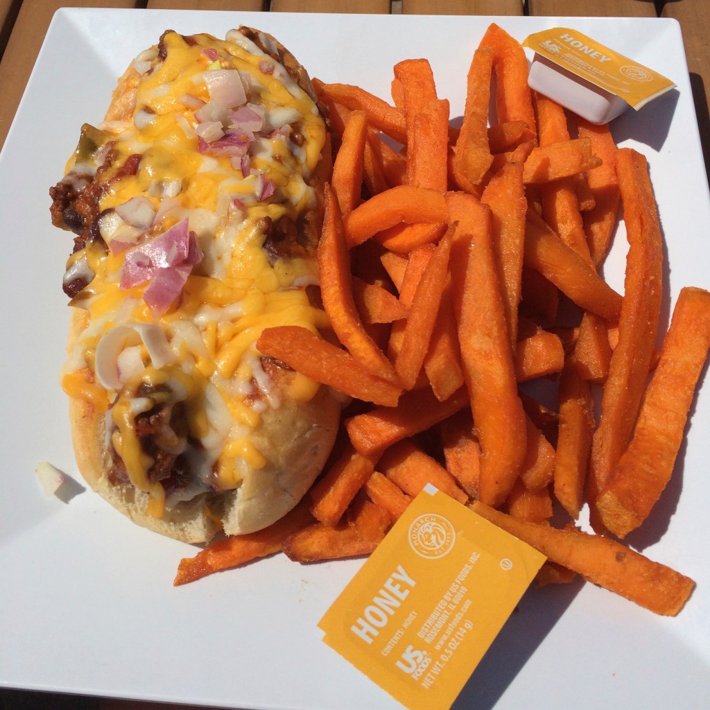 Mega chili dog with sweet potato fries at B&D Burgers